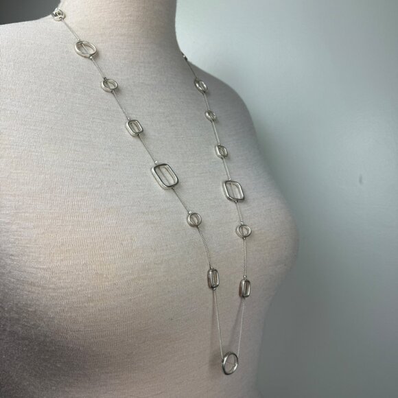 Silver Tone Modernist Necklace Circle Square Chain 40.5" - Picture 4 of 5